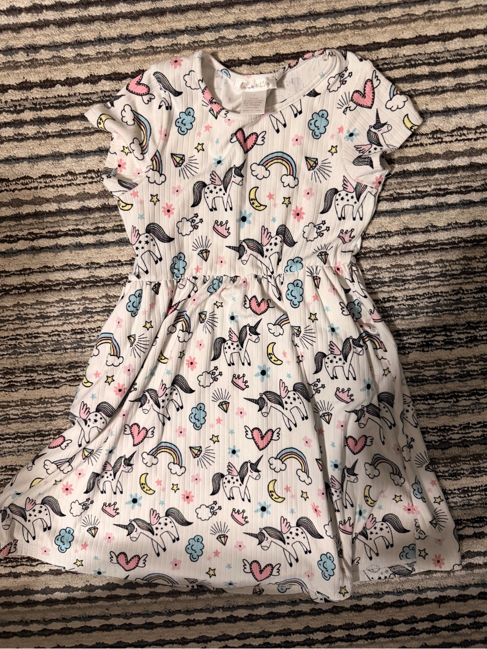 White Unicorn Print Casual Dress for Girls with Pastel Accents